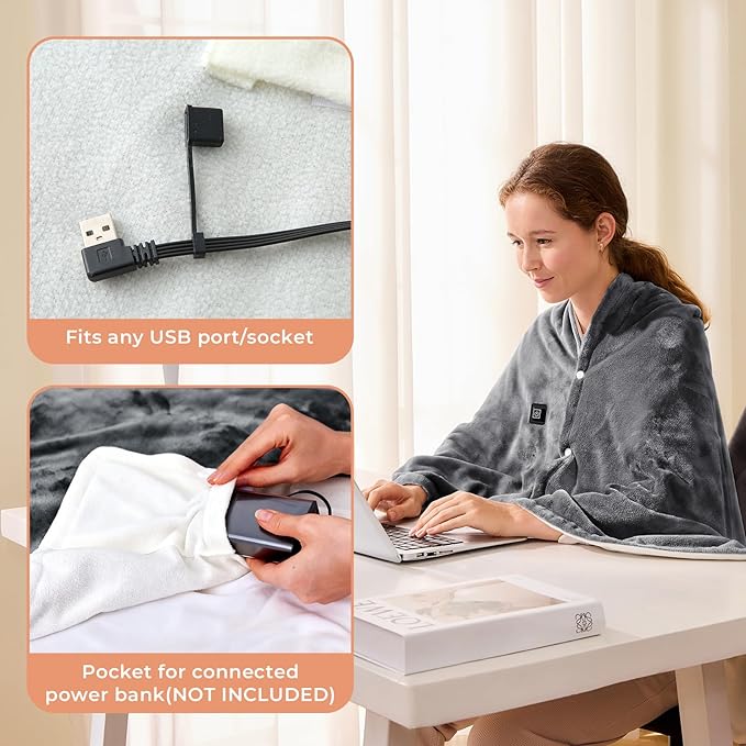 USB Heated Blanket Throw, Wearable & Portable Heating Electric Blanket for Adults, 3 Levels & 8 Heating Zone Shawl for Indoor & Outdoor, Dark Grey (Battery Not Included)