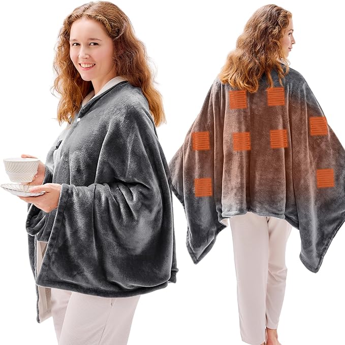 USB Heated Blanket Throw, Wearable & Portable Heating Electric Blanket for Adults, 3 Levels & 8 Heating Zone Shawl for Indoor & Outdoor, Dark Grey (Battery Not Included)
