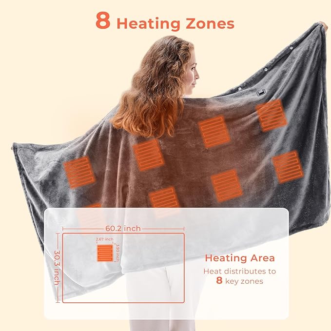 USB Heated Blanket Throw, Wearable & Portable Heating Electric Blanket for Adults, 3 Levels & 8 Heating Zone Shawl for Indoor & Outdoor, Dark Grey (Battery Not Included)